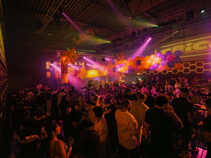 Purple and green light show over the crowd at a large EPICO Latin party