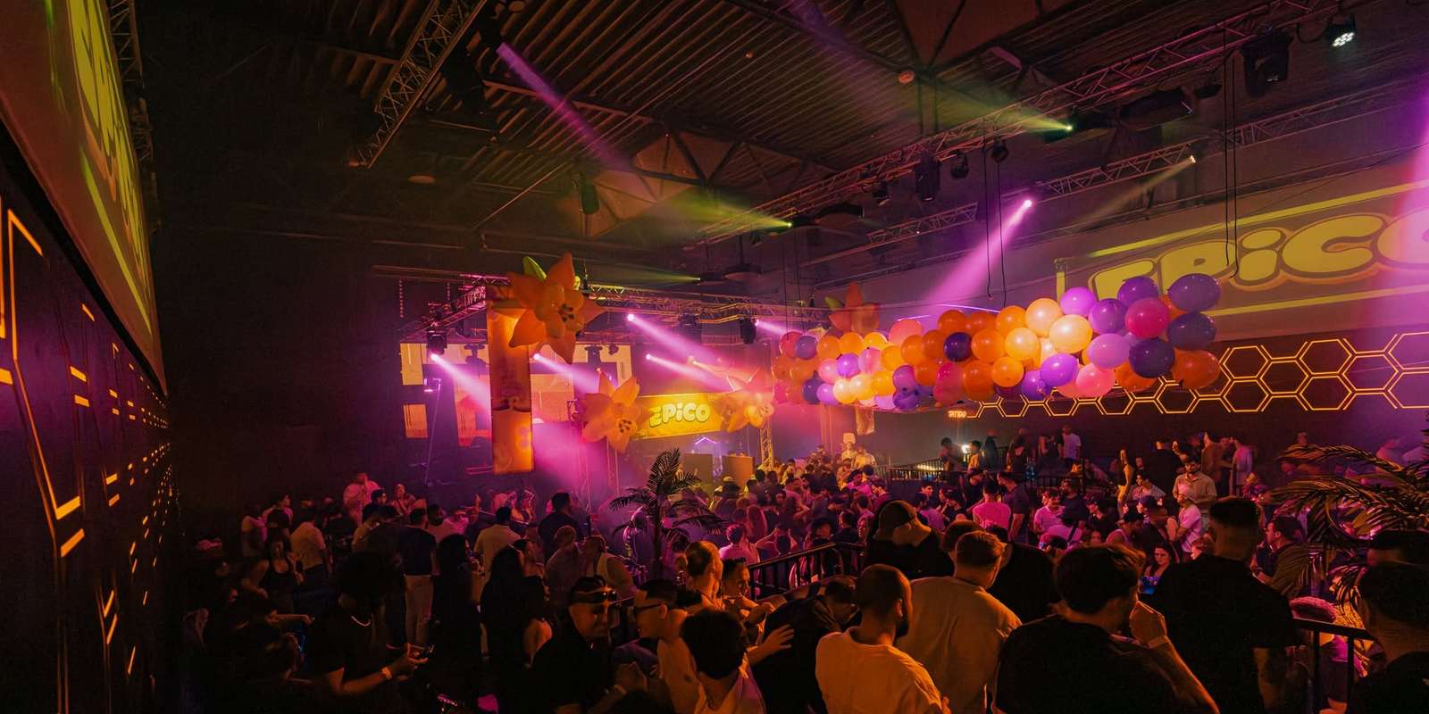Purple and green light show over the crowd at a large EPICO Latin party
